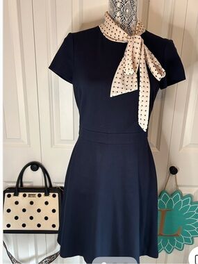 ⚓ Preppy Chic! Nordstrom 1901 Navy Fit & Flare Dress w/ Polka Dot Bow 🎀